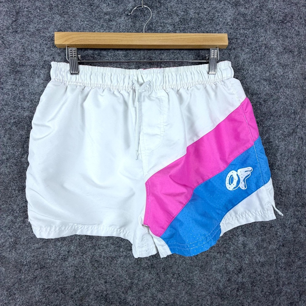 Odd Future Swim Shorts Mens Medium White Pink Blue Trunks Colorblock Donut Logo